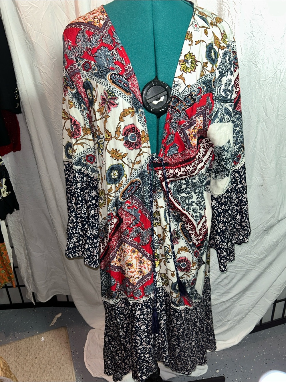 ODDY Bohemian Floral Patchwork Kimono  cardigan - Red, Navy & Ivory size large